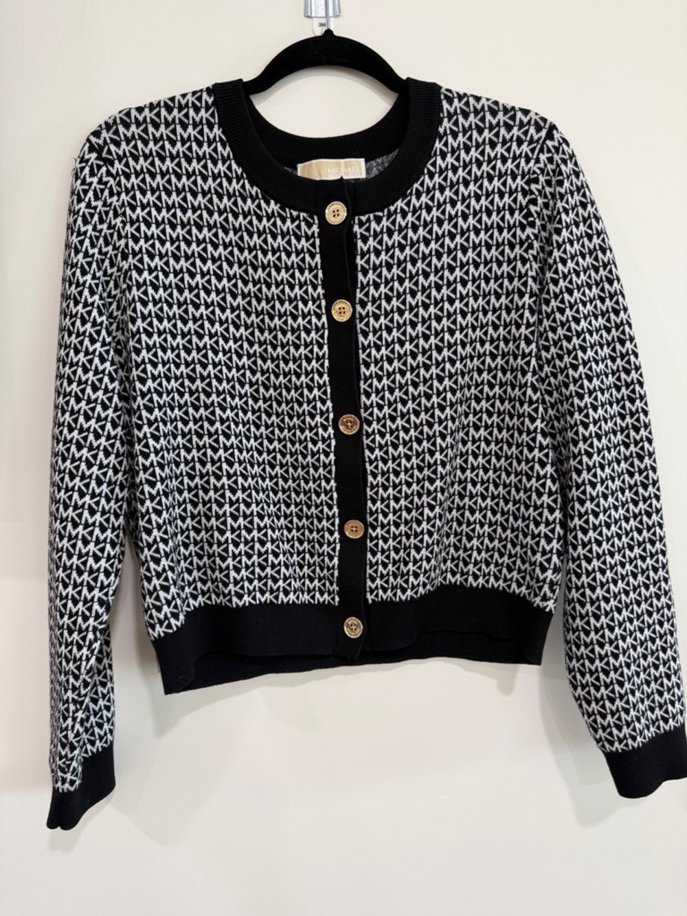 Michael Kors Black & White MK Logo Button-Front Cardigan